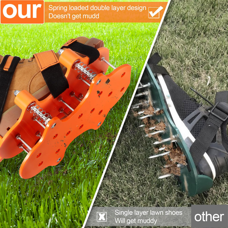 NAZZO Double Layer Lawn Aerator Shoes, Springs Design, Not Stained with Soil and Leaves, Soil Yard Aerator Tool for Aerating Patio Garden, Orange, Registered Patent