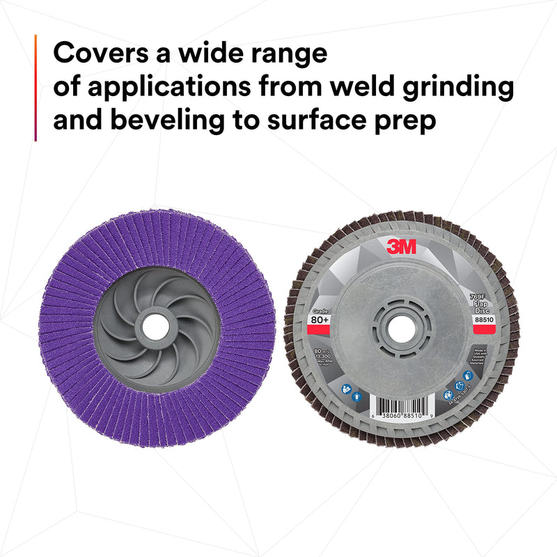 3M Flap Disc 769F, Type 27 Quick Change, 80+, 4-1/2 in x 5/8-11, High Performance Abrasive, Ceramic Precision-Shaped Grain Grinding and Finishing Disc, Carbon Steel, Stainless Steel 4.5 in x 5/8 in-11 T27 Quick Change, 80+