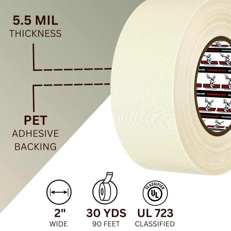 Buck Strapping Tape 2 Inch x 30 Yds (90ft) - 5.5Mil Thickness, Heavy Duty Industrial Grade Mono Directional Fiberglass Reinforced Filament Tape with Synthetic PET Adhesive for Bundling & Palletizing 2 Inch x 30 Yards 1 Pack