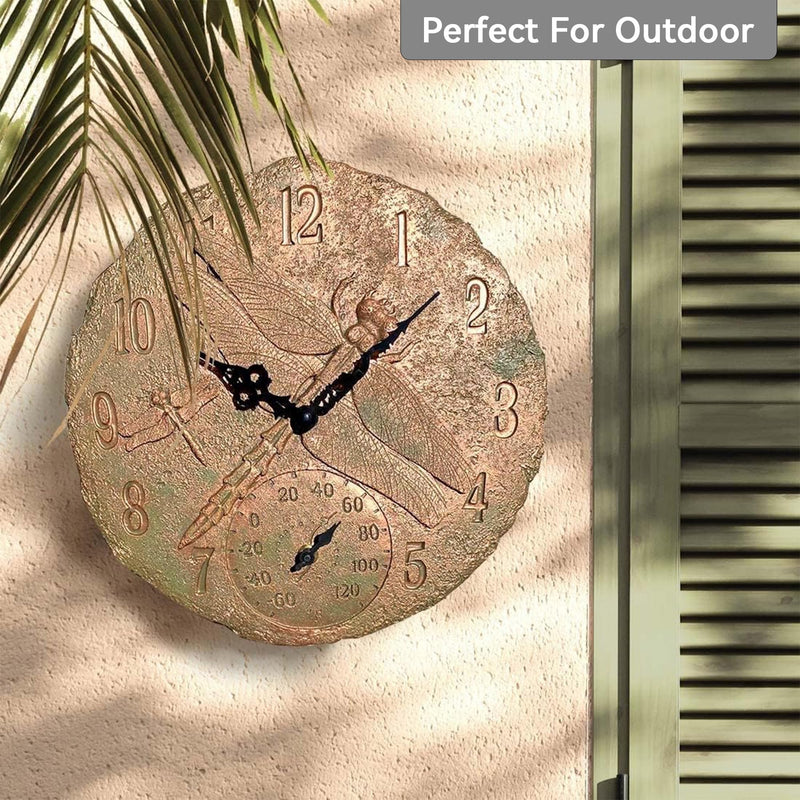 Lily's Home Hanging Wall Clock, Includes a Thermometer, Ideal for Indoor and Outdoor Use, Wonderful Housewarming Gift for Friends, Polyresin Dragonflies