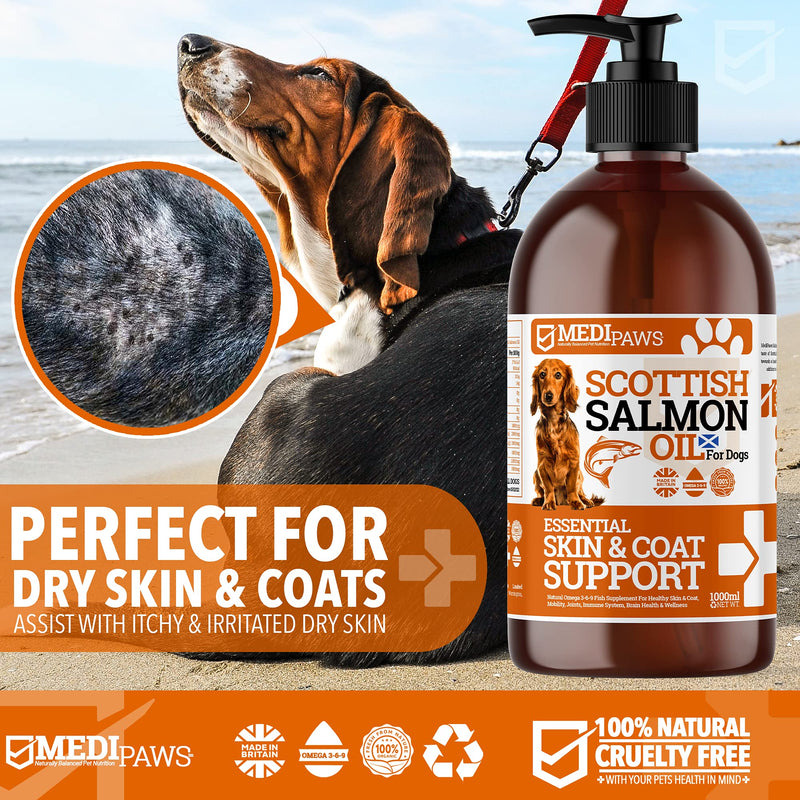 MediPaws® Dog Supplement | Scottish Salmon Oil For Dogs 1000ml | Supports Dog Skin And Coat, Dog Itchy Skin & A Moulting Dog | Omega 3 Fish Oil | Perfect For Dog Grooming & Dog Food 1 l (Pack of 1) - PawsPlanet Australia