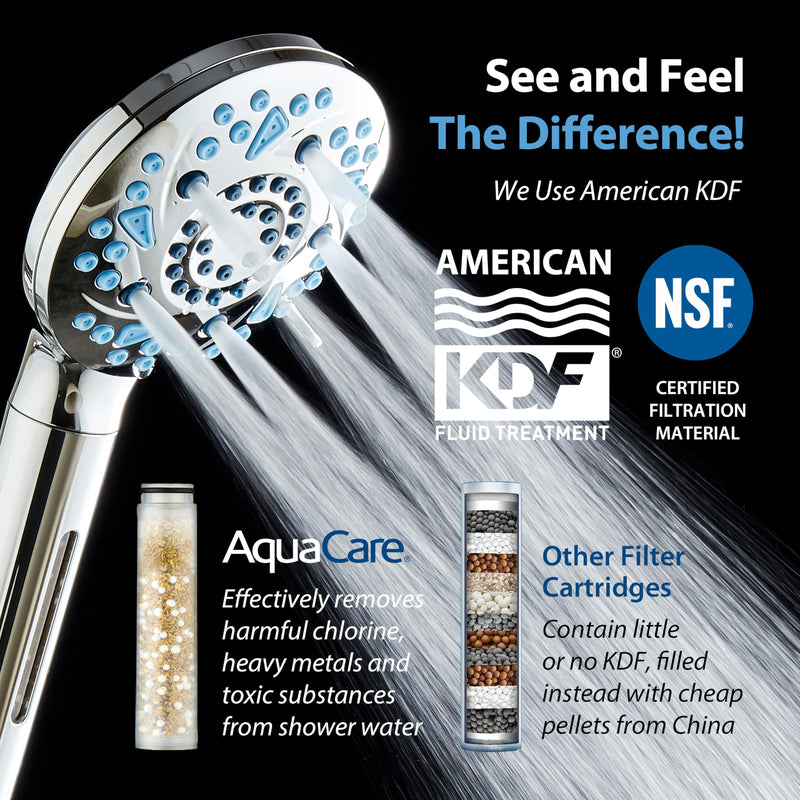 AquaCare High Pressure 10 Spray Mode Filtered Showerhead - Handheld Shower Head Filters Chlorine to Heal Dry Skin, Revive Hair - Dual Power Wash Cleans Tub, Tile, Pets - Hard Water Softener, Chrome Round