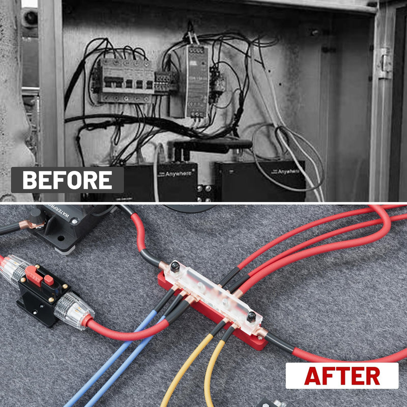 RED WOLF 150A 12V Bus Bar with Cover, 4 x 1/4" (M6) 6 x #8 (M4) Studs Power Distribution Terminal Block 48V DC Car Boat Marine Solar System (Black+Red)