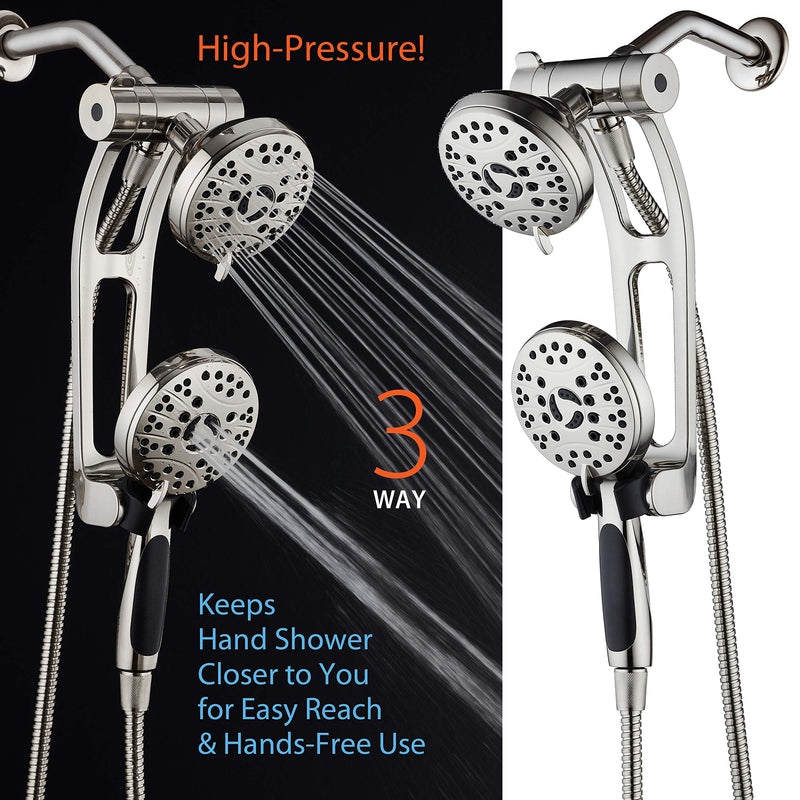 High Pressure 48-mode Luxury 3-way Combo with Adjustable Extension Arm – Dual Rain & Handheld Shower Head – Extra Long 6 Foot Stainless Steel Hose – All Brushed Nickel Finish – Top US Brand