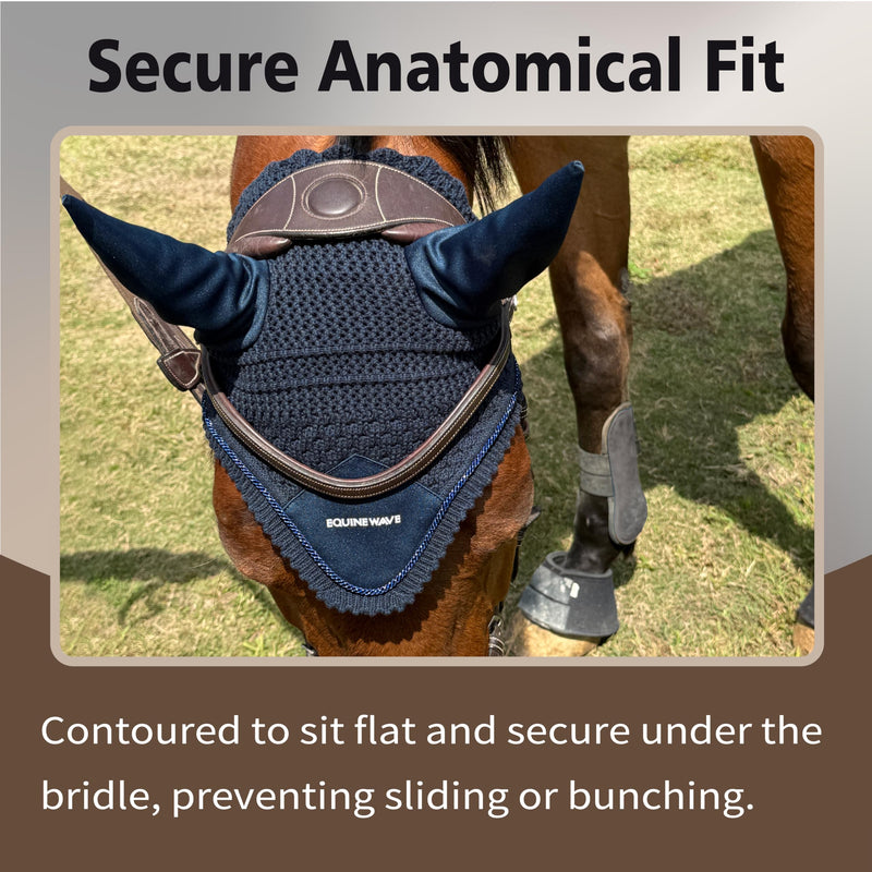 EQUINEWAVE Horse Fly Bonnet, Breathable Crochet Ear Bonnet with Stretch Comfort Ears, Contoured Fit for English Riding NAVY