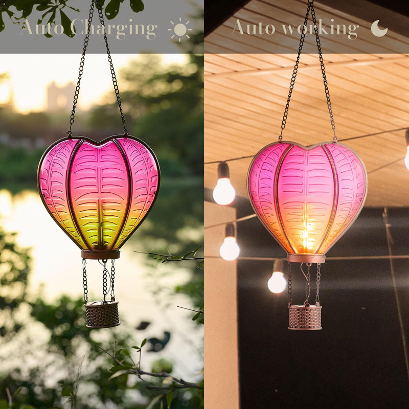 TERESA'S COLLECTIONS Valentine's Day Christmas Party Decorations, Hot Air Balloon Solar Lantern for Garden , Flickering Flame Hanging Solar Lights,Heart Shape Lantern for Anniversary Wedding Decor Pink