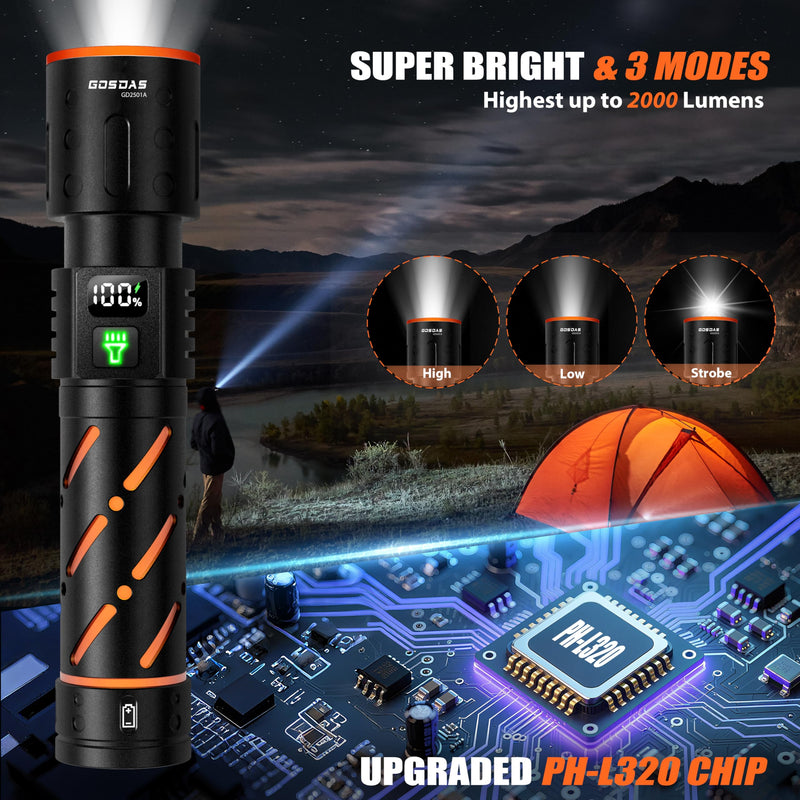 Rechargeable Flashlights High Lumens 100000 2 Pack, Super Bright 30W LED, Long Lasting 12H, Single Click 3 Modes, Multifunctional USB C Input Output LCD Power Display, for Camping Hiking Home