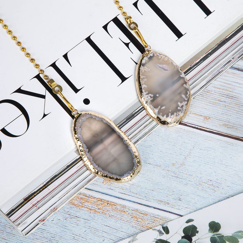 Natural Agate Pull Chains Ceiling Fan Chain Ceiling Light Lamp Fan， Grey And Black With Gilt Edged Agate 12 Inches Fan Pulls Set With Connector
