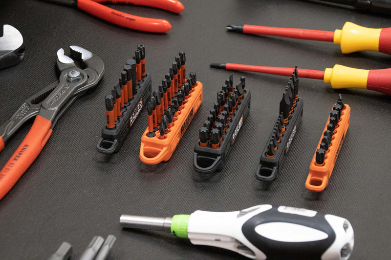 Screwdriver Bit Holder Storage Organizer – Railer 10-Hole Black and Orange Bit Holder with Carabiner - 2 Pack Black + Orange