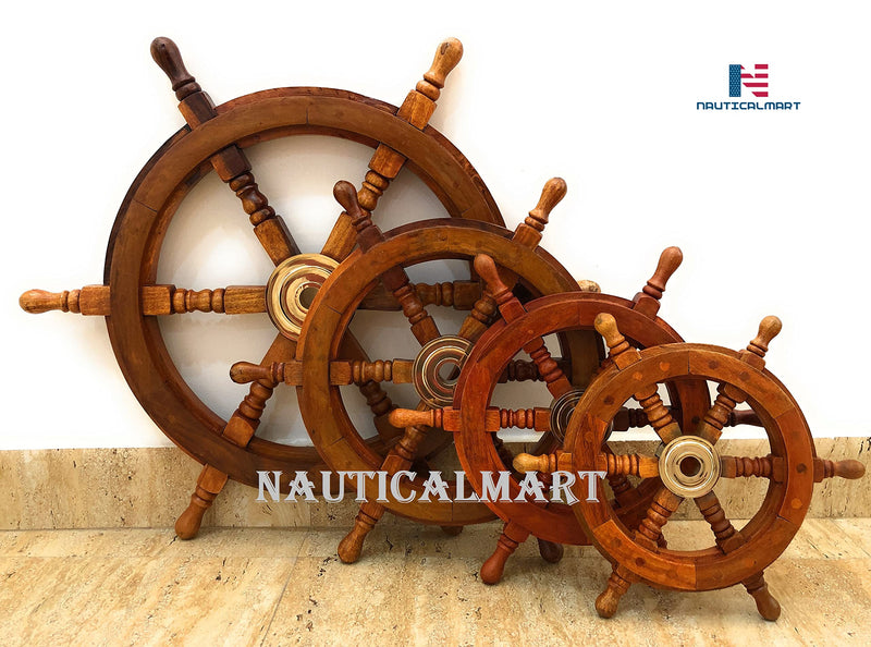 Captain’s Wooden Ship Wheel 12” – Handcrafted Wheel with Brass Ring & Hub, Nautical Wall Décor,Pirate and Beach-Themed Home or Office