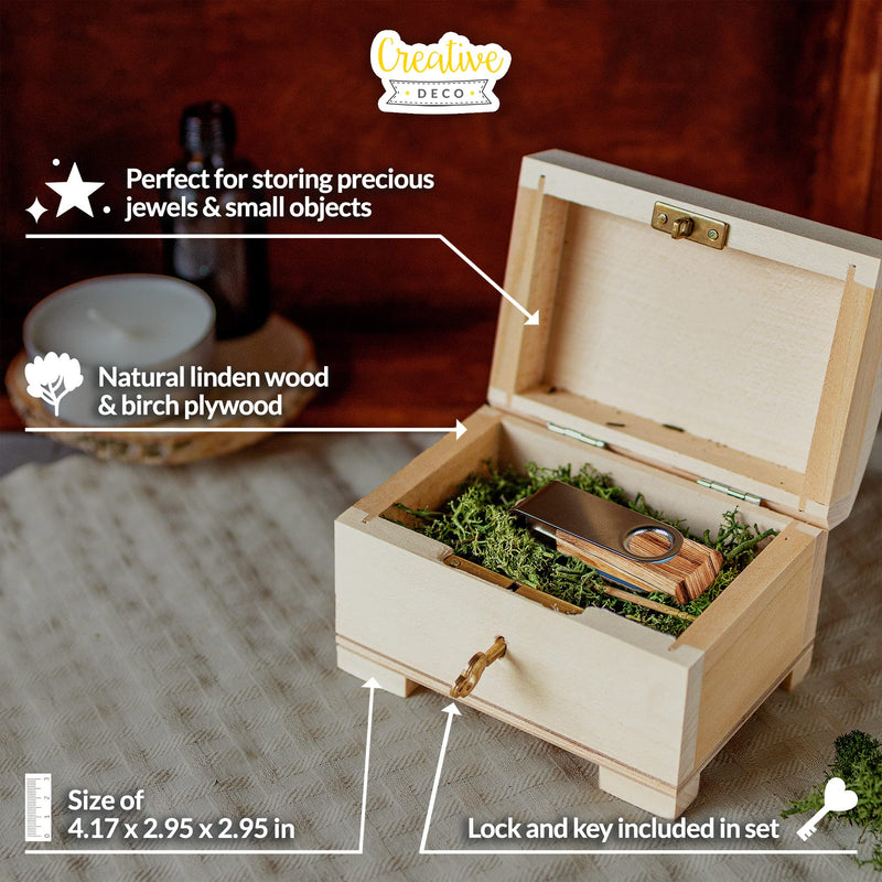 Small Wooden Jewelry Box | Lockable Storage Box with Lock & Key | 4.17 x 2.95 x 2.95 in | Plain, Unpainted & Unfinished | Keepsake Trinket Treasure Chest