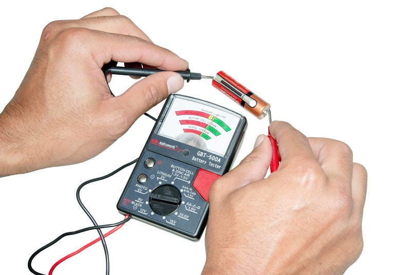Gardner Bender GBT-500A Analog 1.5 V Button Cell/22.5 Photo/AA/AAA/12 V/9 V/Lantern Cells & More, Leads Battery Tester,14 Battery Range, Black No Size 14 Battery Range