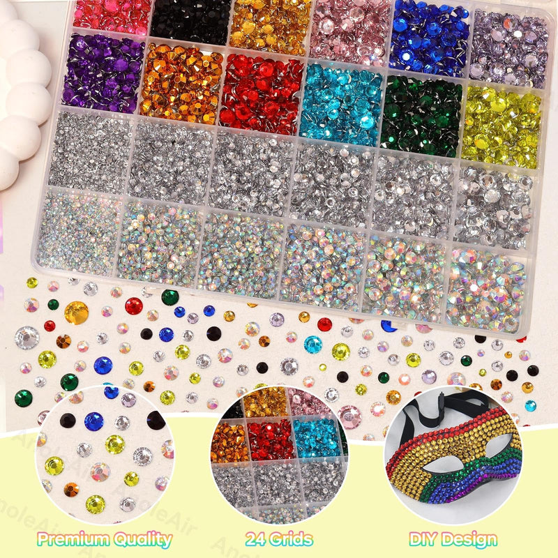 26000PCS Colorful Resin Flatback Rhinestones for Crafting, Resin Rhinestones for Bedazzling Kit, 2/3/4/5/6mm Flatback Gems Jewels for DIY Mugs Tumblers Clothing Shoes Nail Art SS11