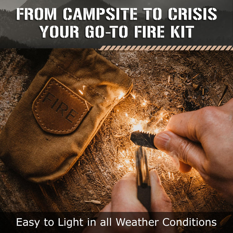 Mini Emergency Fire Starter Kit 4.5” x 2.5” x 1”, 2.5oz - Compact All-Weather Survival Fire Making Kit with Ferro Rod, Cerastrike Ceramic Scraper, Tinder Tabs & Canvas Storage Bag