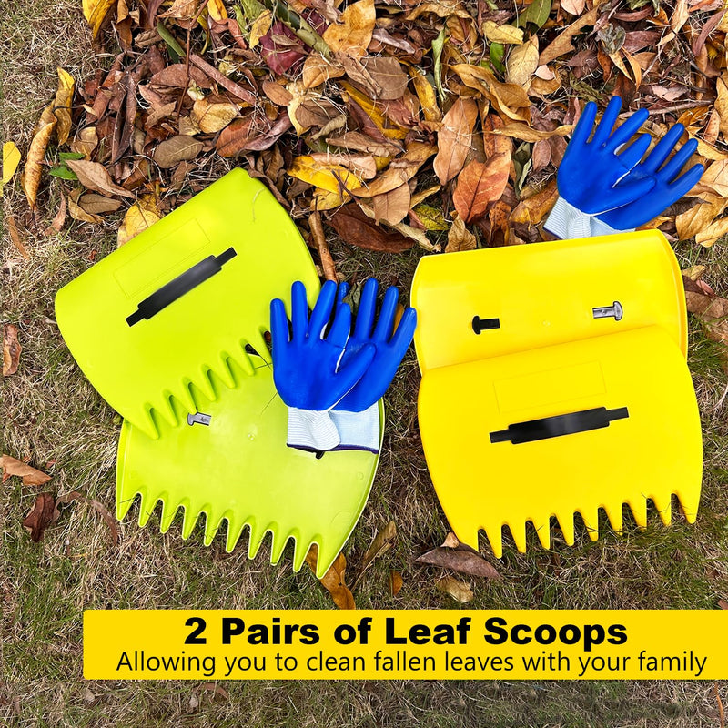 2 Sets Leaf Scoops Hand Rakes, Leaf Scoops and Claws with 2 Pairs Gloves, Lightweight Plastic Leaf Scoop, Large Leaf Grabbers for Picking Up Leaves, Clippings, Grass(2 Sets,Yellow+Green) 2 Sets,Yellow+Green
