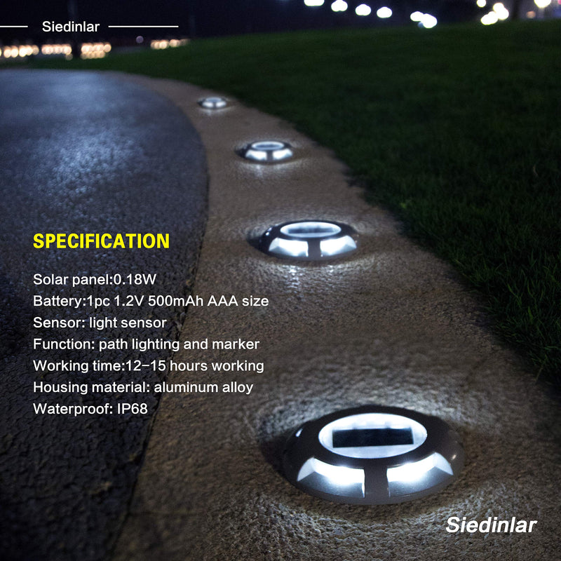 SIEDiNLAR Solar Deck Lights Driveway Dock LED Light Solar Powered Outdoor Waterproof Road Markers for Step Sidewalk Stair Garden Ground Pathway Yard 4 Pack (White) White Light