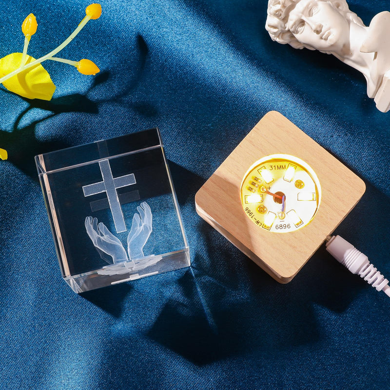 LONGWIN 3D Crystal Praying Hands Christian Gifts for Women Men, Glass Laser Engrave Jesus Cross Figurine 50mm Cube Led Night Light, Religious Gifts