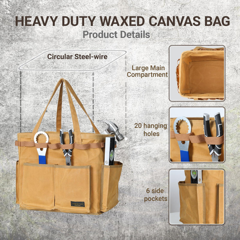 Water Resistant Gardening Tool Bag with Handles - 6 Pockets Utility Self-Standing Organizer for Camping/Garden/Car Storage, 14" x 13" x 10" | Khaki
