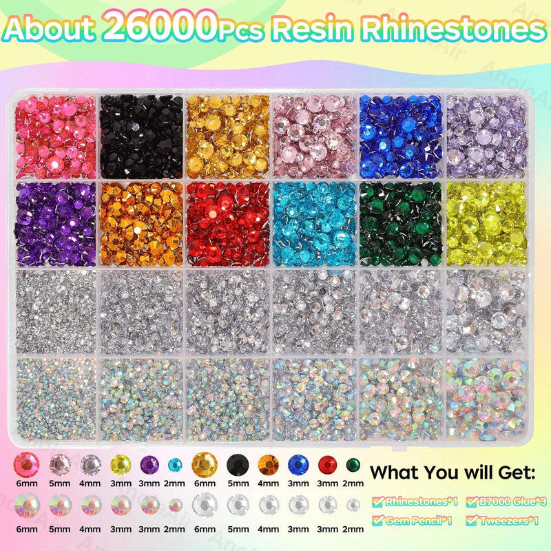 26000PCS Colorful Resin Flatback Rhinestones for Crafting, Resin Rhinestones for Bedazzling Kit, 2/3/4/5/6mm Flatback Gems Jewels for DIY Mugs Tumblers Clothing Shoes Nail Art SS11