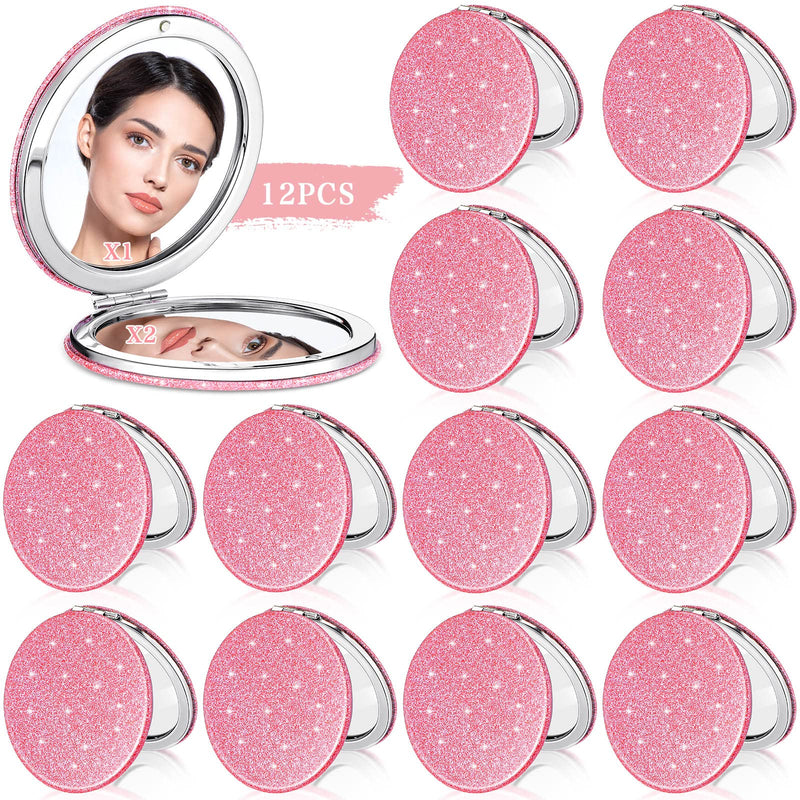 Weysat 12 Pcs Cute Pink Compact Mirrors for Women Galentine's Day, Small Magnifying Travel Makeup Mirror with Glitter, Mini Double-Sided Portable 2x/1x Magnification Folding Pocket, PU Leather, Gift