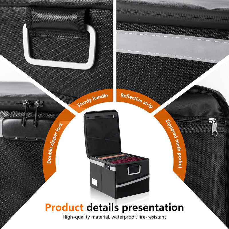 Fireproof Waterproof Document Box with Lock - Collapsible Portable File Organizer Hard Shell Storage for Hanging Letter/Legal Folders Home Office Safe (Black, 15.7x11.2x10.2in) Black