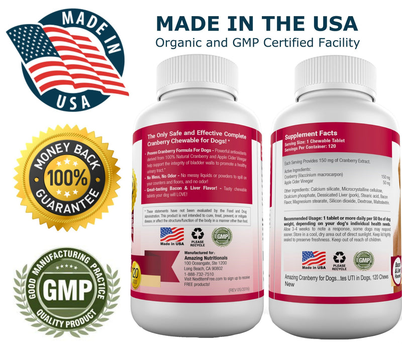 Amazing Cranberry for Dogs Pet Antioxidant, Urinary Tract Support Prevents and Eliminates UTI in Dogs, 120 Chews 1 Bottle - PawsPlanet Australia