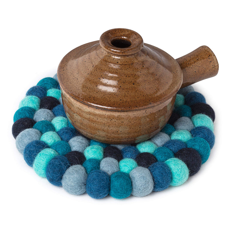 Abbott Collection Felt Ball Trivet - Blue | Heat-Resistant Wool, Handmade in Nepal by Female Artisans, Fair Trade Certified, Wool, 8"D Blu Felt Ball Trivet-8"D