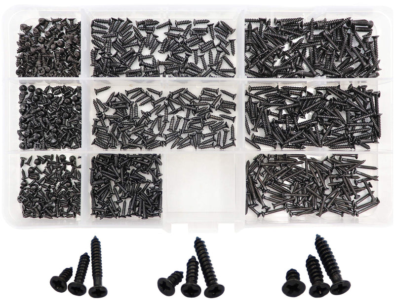 LBY 900pcs M1.7 M2 M2.3 x 5mm / 8mm/ 12mm Flat Head Self-Tapping Sheetmetal Screw Assortment Kit Mini Wood Screws 9 Sizes Combination Carbon Steel Black