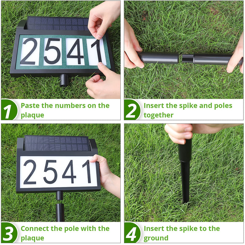 MAXvolador Solar Address Sign Lighted House Numbers Waterproof, Solar Powered LED Illuminated Address Plaques with Stakes, 3-Color in 1 Address Number