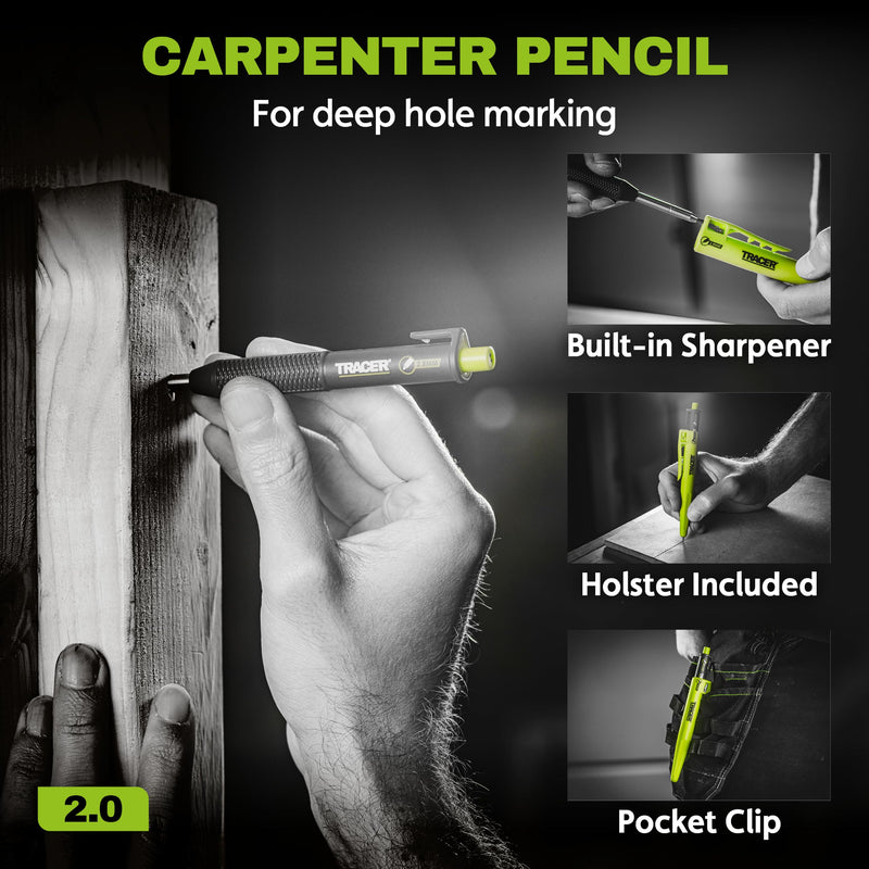 Tracer TrueScribe with Deep Hole Pencil & Holster with Pencil Sharpener | Professional Woodworking Scribe Tool Set - Precision Scribing Tool for Carpenters & Craftsmen