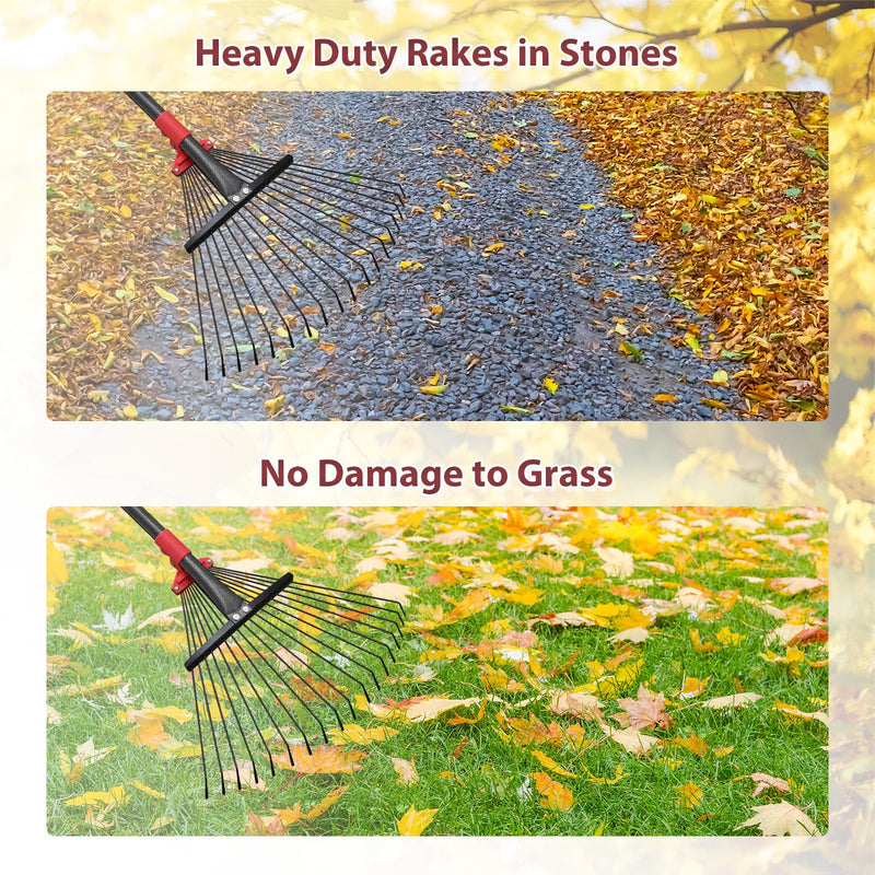 60 Inch Rake for Leaves, Adjustable 18 Metal Tines with Expandable Head Garden Rakes for Lawns Heavy Duty Metal Rake for Leaves Yard Gardening Grass Outdoor Debris 60 inch