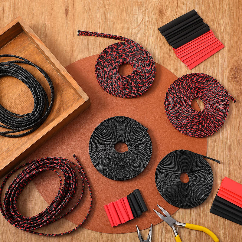 96ft Wire Loom Braided Cable Sleeve Covers Cord Management with 127 Pieces Tube Heat Shrinkable for Audio Video Cable Cord Protectors from Pets (Black and Red,1/2 Inch, 1/4 Inch, 3/8 Inch) 1/2 Inch, 1/4 Inch, 3/8 Inch Black and Red