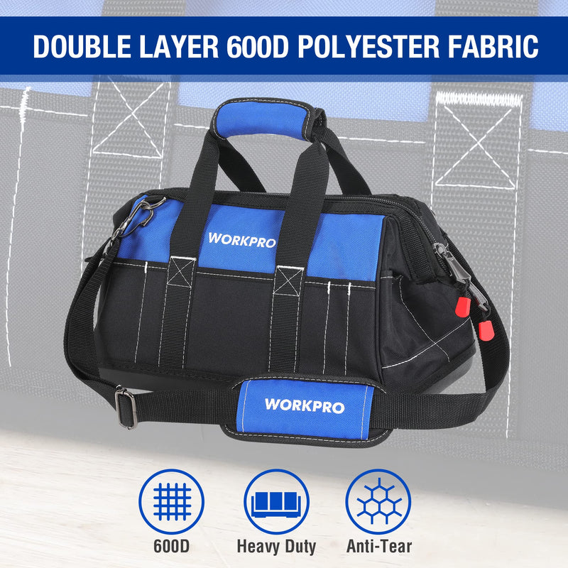 WORKPRO 16-inch Wide Mouth Tool Bag with Water Proof Molded Base Black&Blue