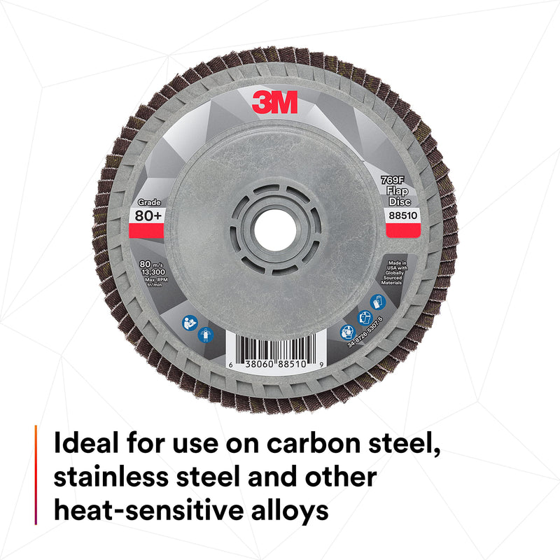 3M Flap Disc 769F, Type 27 Quick Change, 80+, 4-1/2 in x 5/8-11, High Performance Abrasive, Ceramic Precision-Shaped Grain Grinding and Finishing Disc, Carbon Steel, Stainless Steel 4.5 in x 5/8 in-11 T27 Quick Change, 80+