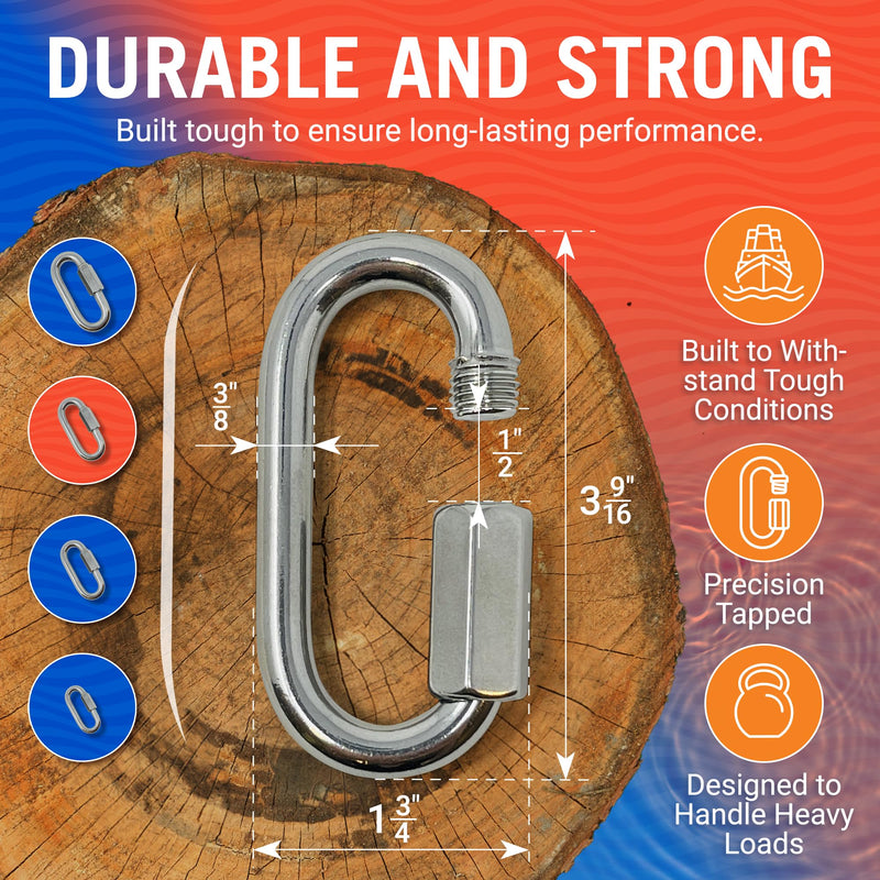 316 Stainless Steel Locking Chain Link, Threaded Quick Link Chain Connector Clips, Heavy Duty D Shape Quicklinks, 1/2", 3/8", 5/16", 1/4" Small Sizes, Marine Grade, 4 Pack Safety Links 3/8" 3/8 "