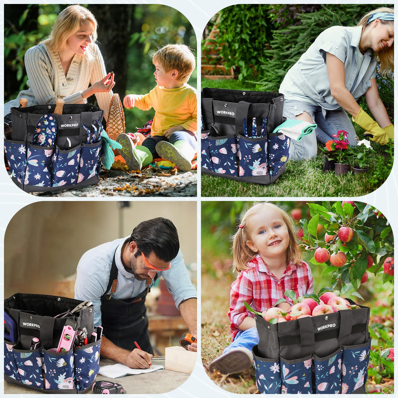 WORKPRO Garden Tool Bag, 9 Pockets Garden Tote Bag, Heavy Duty Oxford Garden Tool Storage Bag, Gardening Tool Kit Holder (Tools NOT Included), 12" x 12" x 6" (Blue Insects) Blue Insects