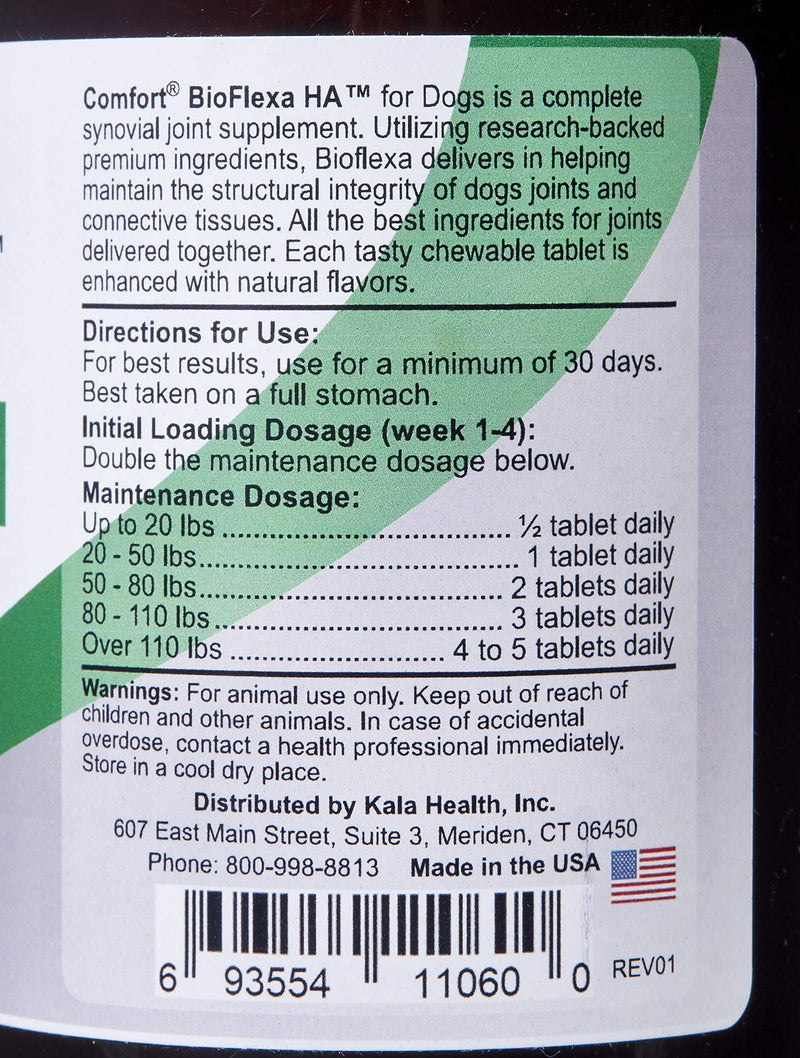 KALA HEALTH Comfort BioFlexa Hip and Joint Plus HA Supplement for Dogs, 60 Count, Synovial Joint Support with Hyaluronic Acid, Glucosamine, Chondroitin, MSM, Cetyl Myristoleate and Ester-C