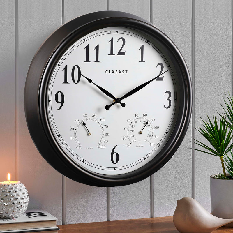 CLXEAST Indoor Outdoor Clocks Waterproof 16 Inch, Large Outdoor Clock with Temperature and Humidity for Patio,Porch,Pool,Oil Rubbed Bronze Black Finish,House Warming Gifts New Home Oil Rubbed Bronze Black