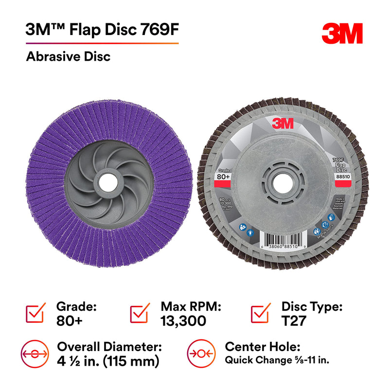 3M Flap Disc 769F, Type 27 Quick Change, 80+, 4-1/2 in x 5/8-11, High Performance Abrasive, Ceramic Precision-Shaped Grain Grinding and Finishing Disc, Carbon Steel, Stainless Steel 4.5 in x 5/8 in-11 T27 Quick Change, 80+