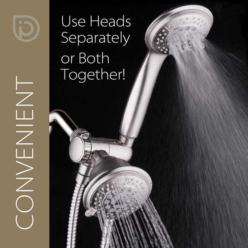 1733 Handheld Showerhead & Rain Shower Combo. High Pressure 24 Function 4" Face Dual 2 in 1 Shower Head System with Stainless Steel Hose, Patented 3-way Water Diverter in Nickel Finish 2.5 Gallon Per Minute Brushed Nickel