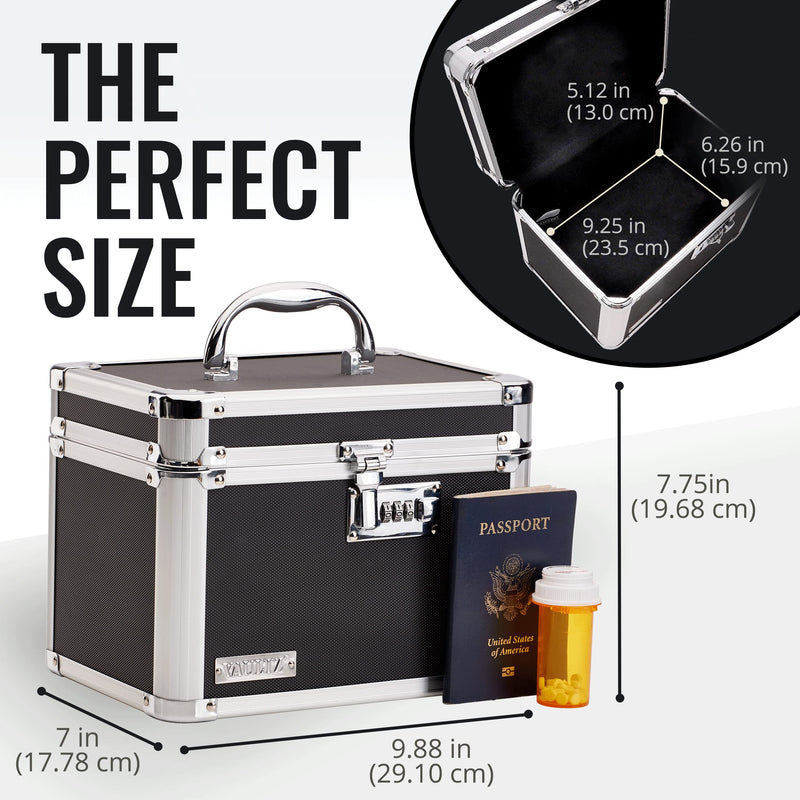 Vaultz Secure Security Lock Boxes - Safe Combination Lock Box, Storage for Documents, Valuables, Medicine & Money - 9.88 x 7.75 x 7 Inch - Black/Chrome Standard