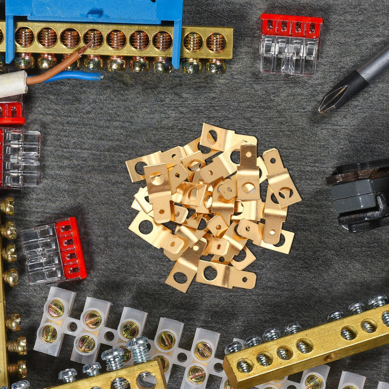 Hicarer 50 Pcs Solderless Quick Disconnect Adapters Non Insulated Wire Connectors,1/4" Male Tab, #10 Stud Brass Male Spade Adapters Brass Copper Wire Connectors Ring Crimp Electrical Supply