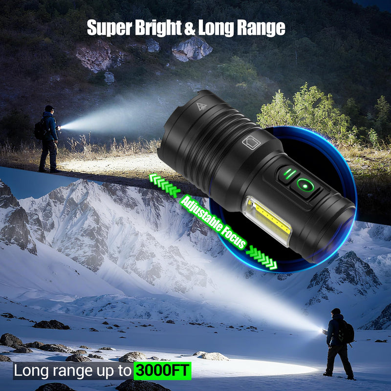 Rechargeable Flashlights High Lumens 100000 with Side Light - 2 Pack, Super Bright 30W LED, Dual Source Light Buttons, Long Lasting 15H, Quick USB C Charge, Handheld 6.81” Length, for Hiking Home Gift
