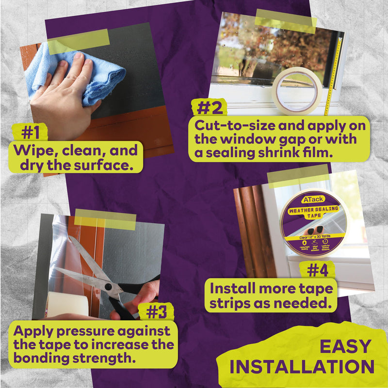 ATack Transparent Window Weather Sealing Tape, 2-Inch x 30 Yards, Clear Window Draft Isolation Sealing Film Tape- No Residue, Surface-Safe, Wood-Safe, Removes Cleanly 2" x 30 Yards (Single Pack)