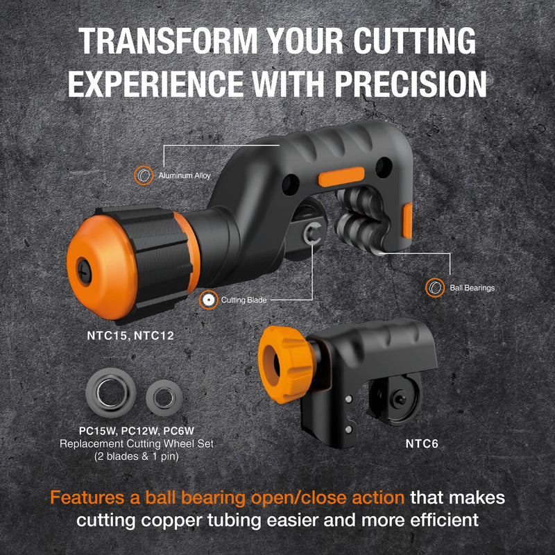NAVAC NTC12 Tube Cutter | 1/8" to 1-1/4" Outside Diameter | 2 Sharp Cutting Blades | Ball Bearing Feature | Aluminum Alloy Copper Tube Cutter | 1 Year Warranty 1-1/4 Max OD