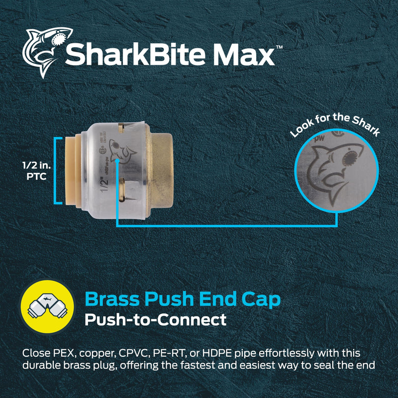 SharkBite Max 1/2 Inch Push Cap, Push to Connect Brass Plumbing Fitting, PEX Pipe, Copper, CPVC, PE-RT, HDPE, UR514A 1/2 in. SharkBite Max - NewNest Australia