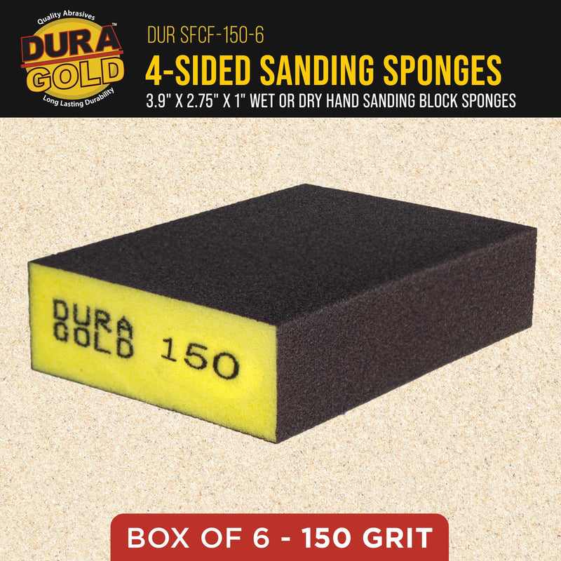 Dura-Gold 150 Grit 4-Sided Hand Sanding Block Sponges, Box of 6 - Performance Flex 3.9" x 2.75" x 1" Wet or Dry Flexible Sandpaper Abrasive Brick Pads, Reusable - Sand Wood, Drywall, Metal, Auto Paint