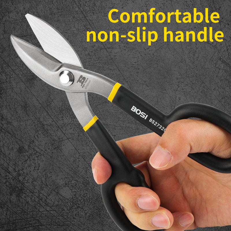 8 Inch Straight Pattern Tin Snips Metal Cutters, High Strength Forged and Heat Treated Carbon Steel with Comfortable Black Rubber Handle 8 Inch