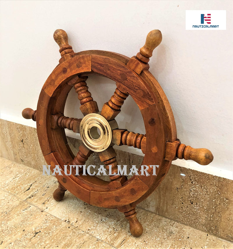 Captain’s Wooden Ship Wheel 12” – Handcrafted Wheel with Brass Ring & Hub, Nautical Wall Décor,Pirate and Beach-Themed Home or Office