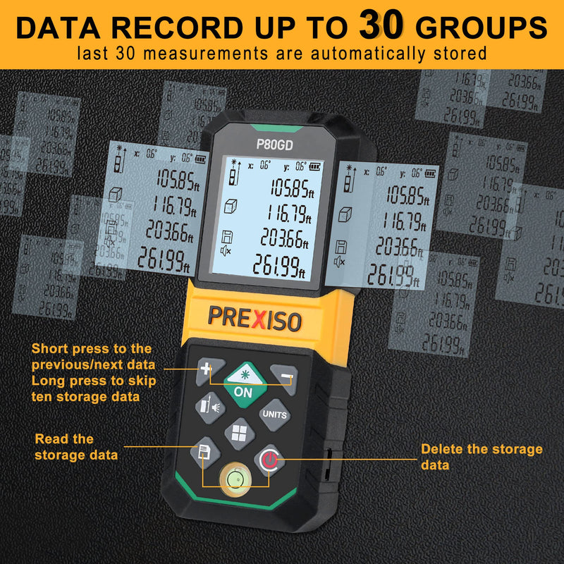 PREXISO Laser Measure Rechargeable, 265Ft Green Beam Laser Measurement Tool with Angle Sensor& 30 Sets Data Storage &1/4"-20 Threaded Hole - Ft/Ft+in/in/M Units - Pythagorean Mode, Area, Volume